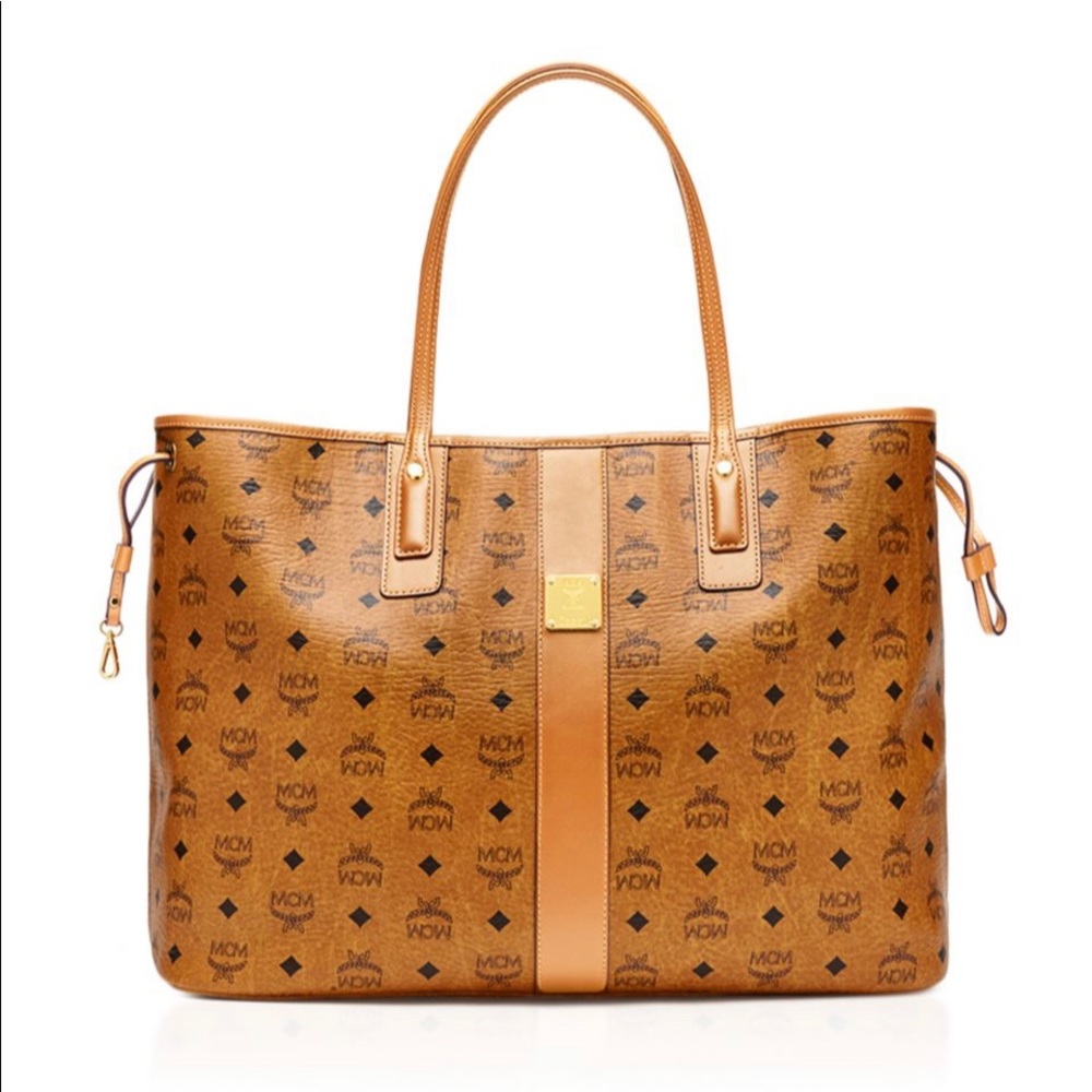 ✨MCM Cognac Visetos Monogram Leather-Trim Tote